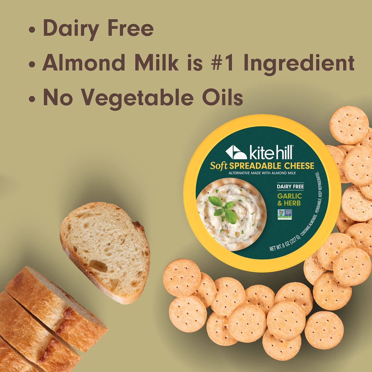 Kite Hill Garlic and Herb Almond Milk Soft Spreadable Cheese Alternative, 8 Ounces, Dairy Free, Gluten Free, Non-GMO, Vegan