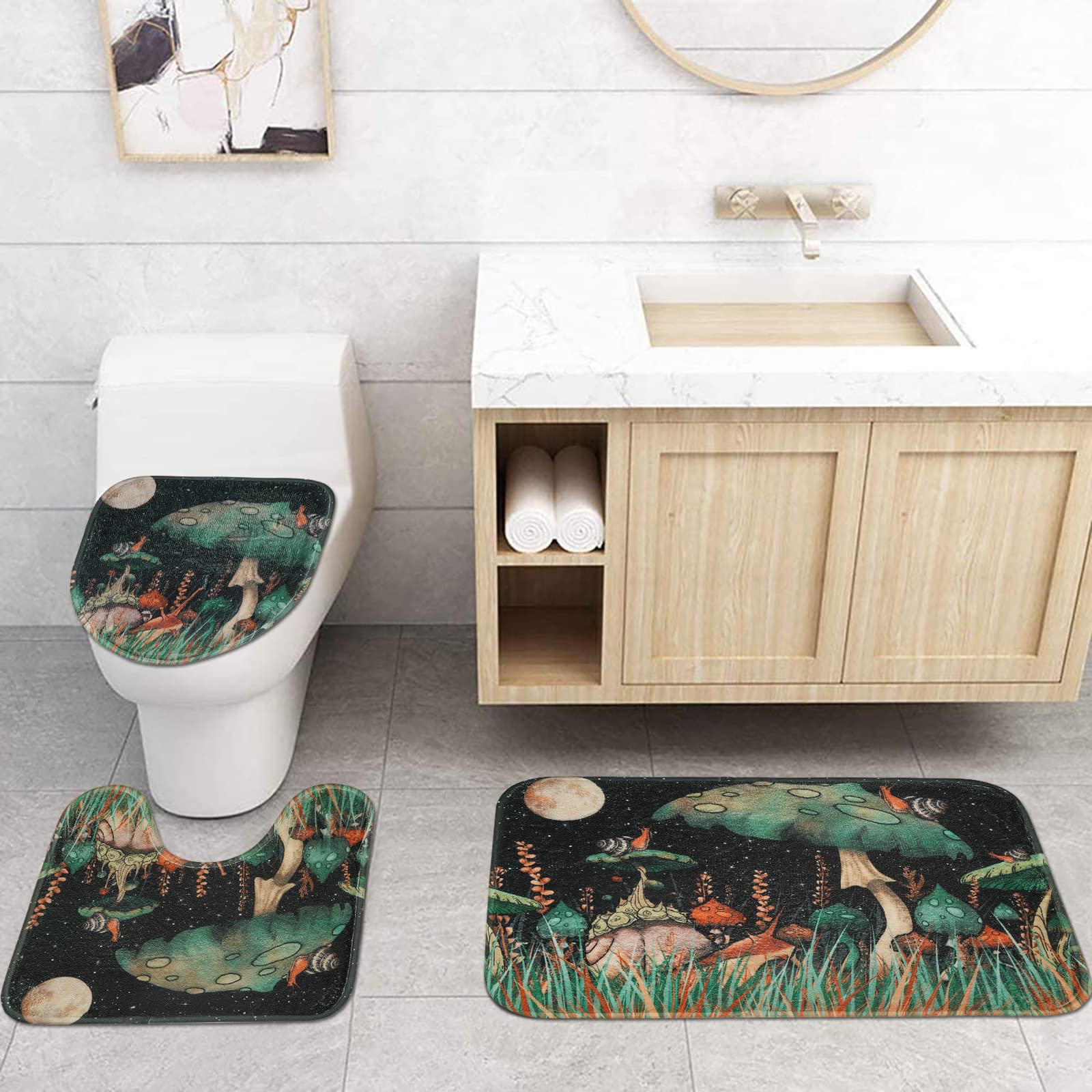 Set da bagno a forma di fungo con tenda da doccia e tappeti e