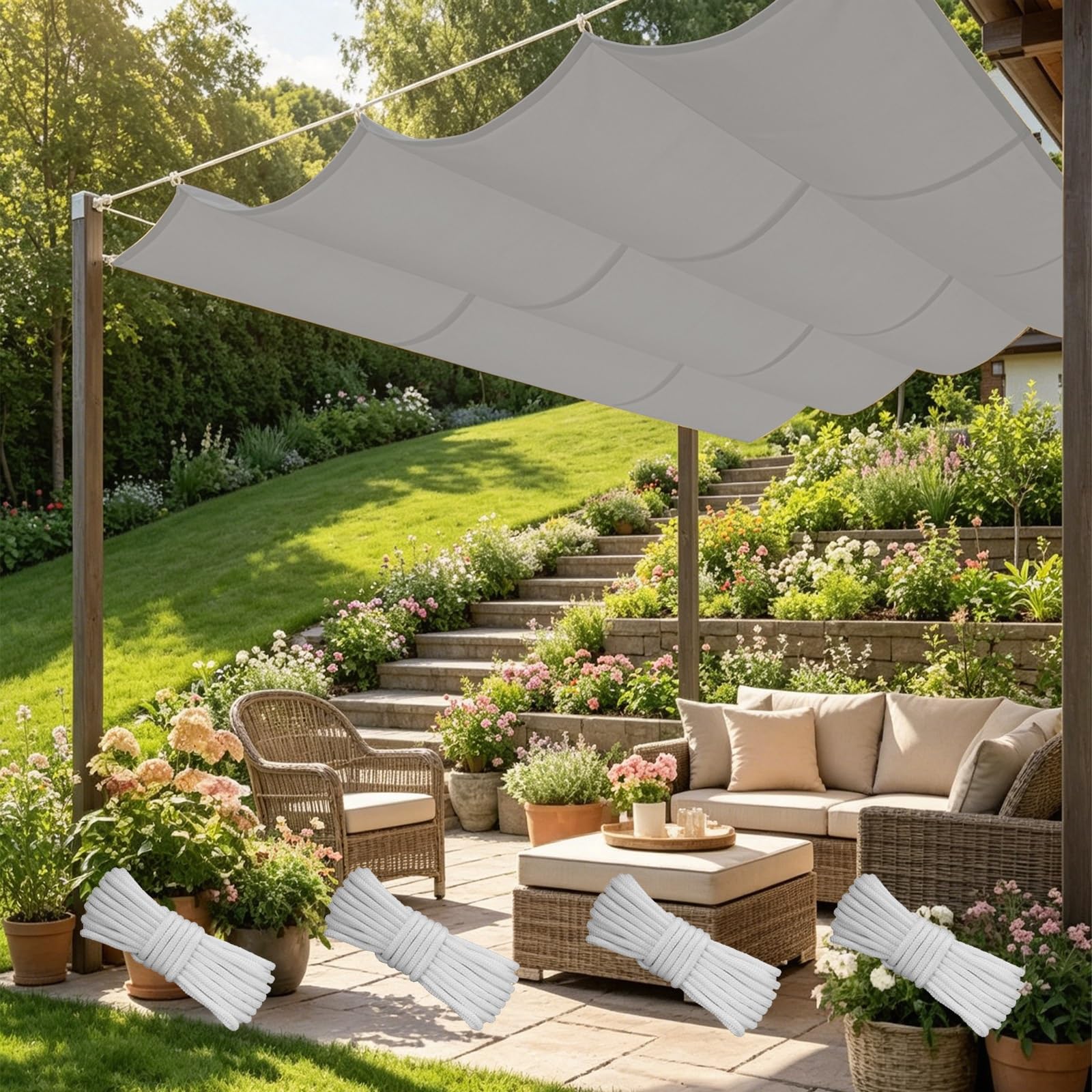 Żagiel Przeciwsłoneczny 220 x 1000 cm Odporny Na Warunki Atmosferyczne Wytrzymały Żagiel Przeciwsłoneczny Prostokątny Na Patio Balkon Na Kemping Kwadrat, Jasny szary