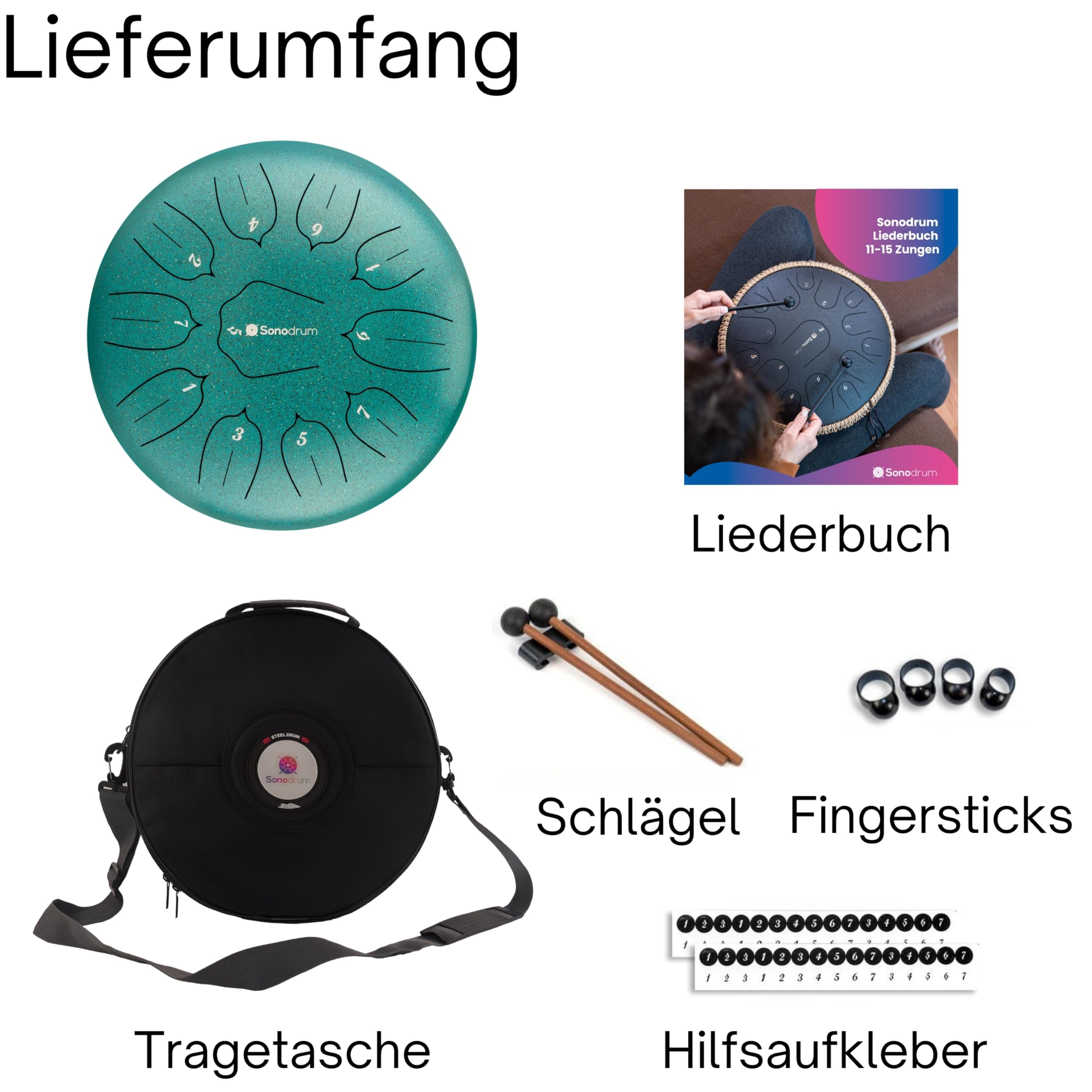 Zungentrommel "Standard" C - Dur in Grün - 30 cm groß mit 11 Tönen - Steel Tongue Drum inkl. Liederbuch, Schlägel, Fingersticks und Tragetasche - Notenlesen nicht nötig, einfach zu spielen.