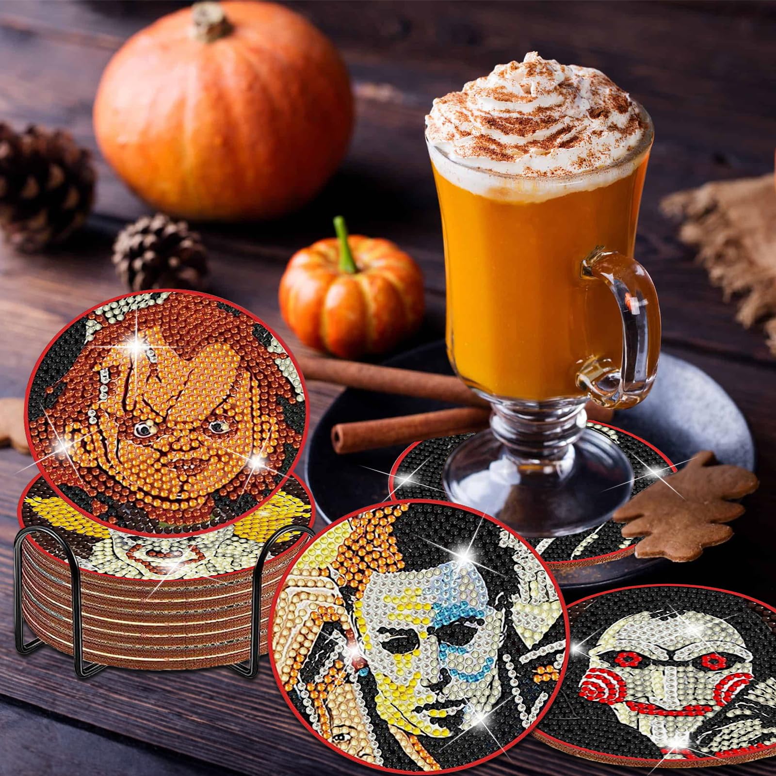 KINBOM 6pcs Sous-Verres De Peinture De Diamant D'Halloween, Sous-Verres De Peinture Au Diamant Sous-Verres En Liège Pour Boissons Halloween Pour Adultes Enfants Bricolage Artisanat D'Art De Diamant