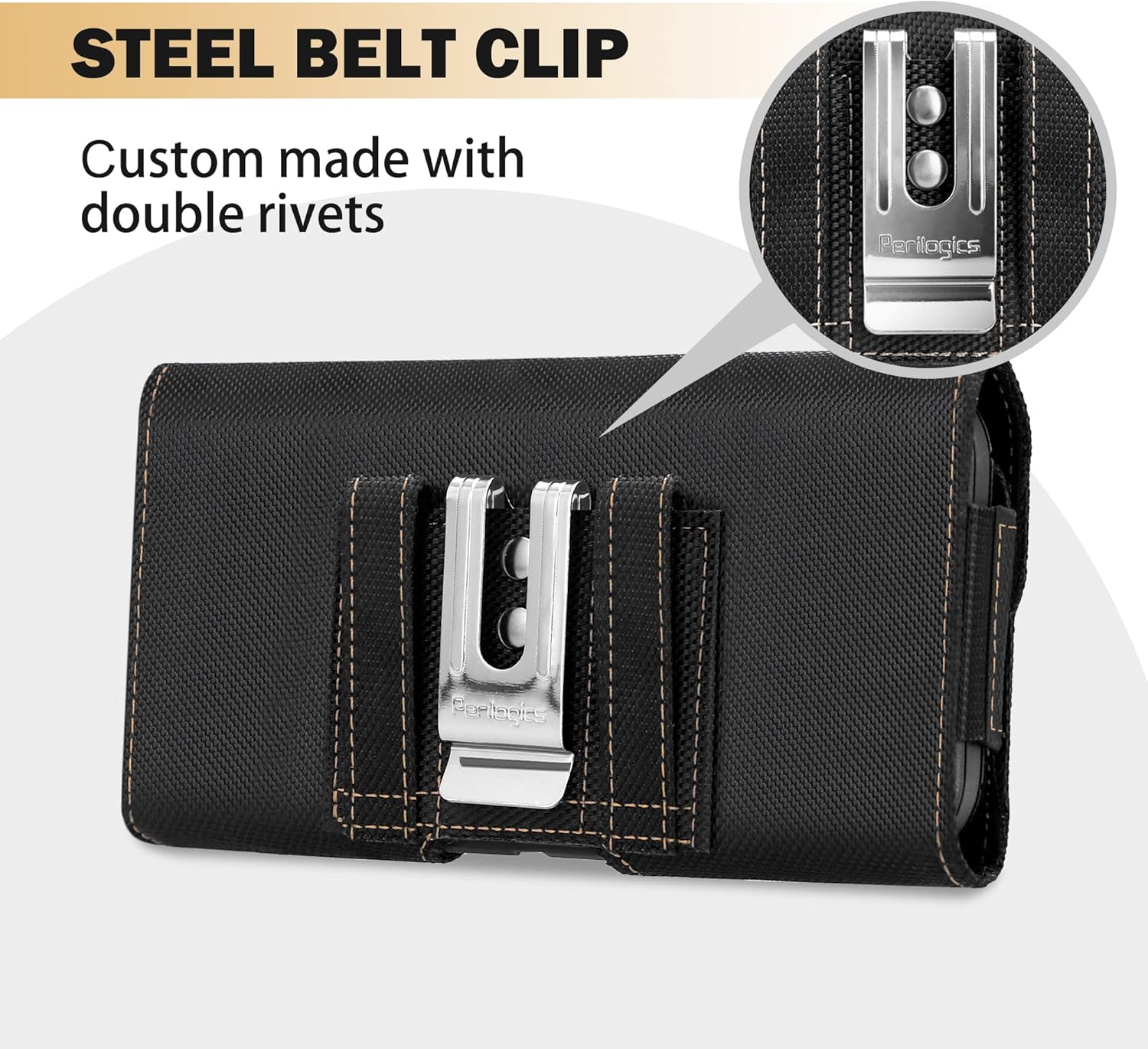 Perilogics Horizontal Nylon Belt Holster for iPhone 17 Pro Max, 16 Pro Max, 16 Plus and Other Pro Max/Plus Models with Case, Magnetic Cover, Chestnut Stitching, Belt Loops, and ID Slot - Image 8