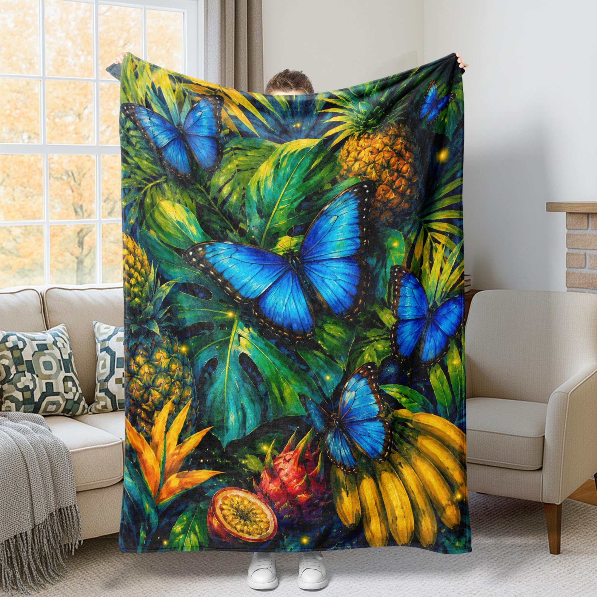 Couverture bleu d'été pour lit et bureau motif ananas tropical