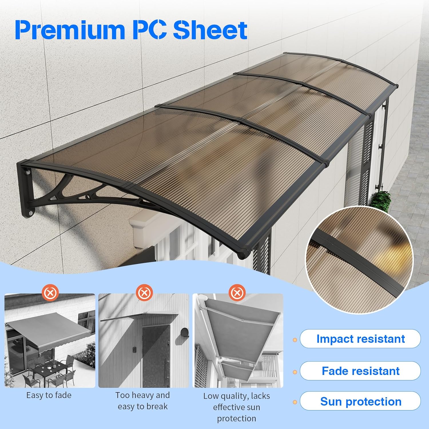 Awning for Door Entrance,32x40 Inches Awnings for Doors,Window Awning Canopy Exterior with Plastic Steel Bracket,Polycarbonate Cover,UV,Rain,Snow Protection for Porch,Patio,Deck