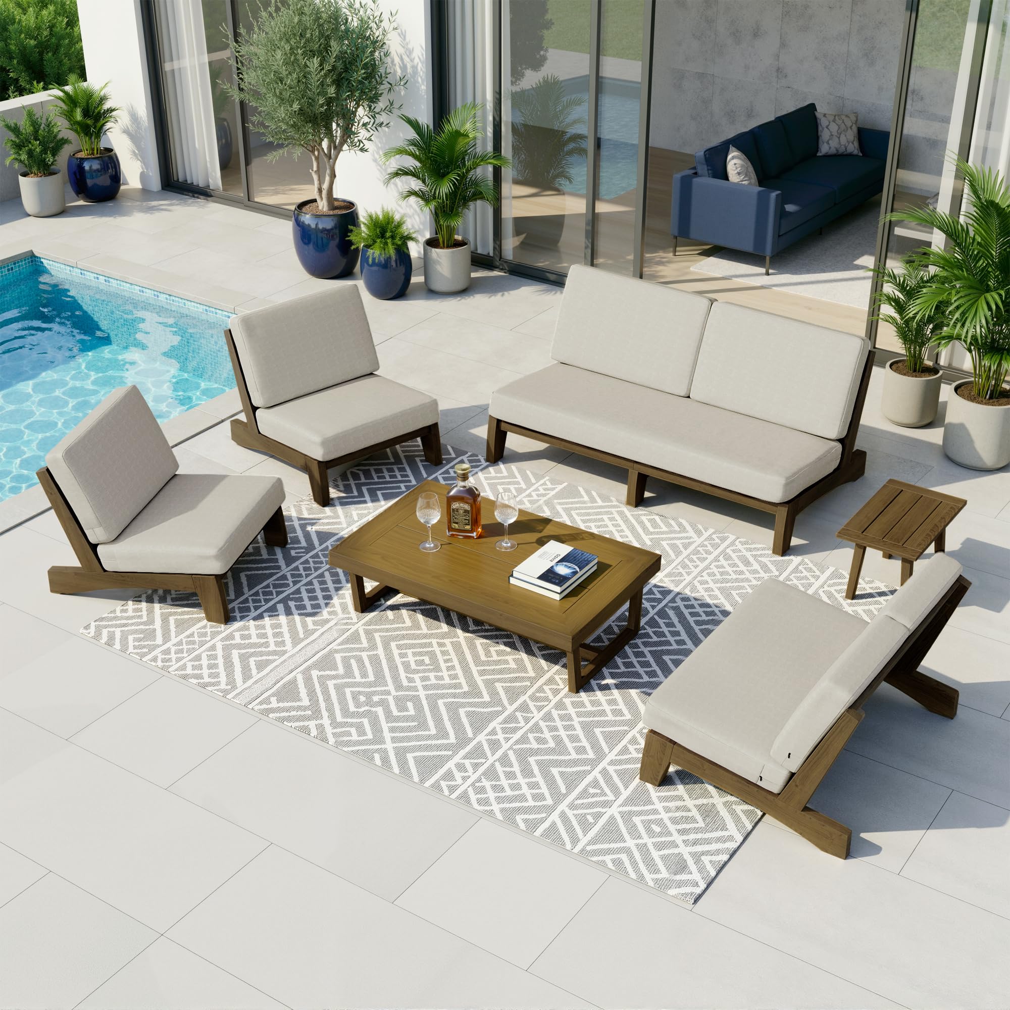 Pia Ricoo 6-Piece Patio Furniture Set, Outdoor Sofa with Split Back Loveseat, 2 Chairs, Coffee Table &amp; Side Table, Conversation Set for Backyard/Deck/Lawn - Light Camel