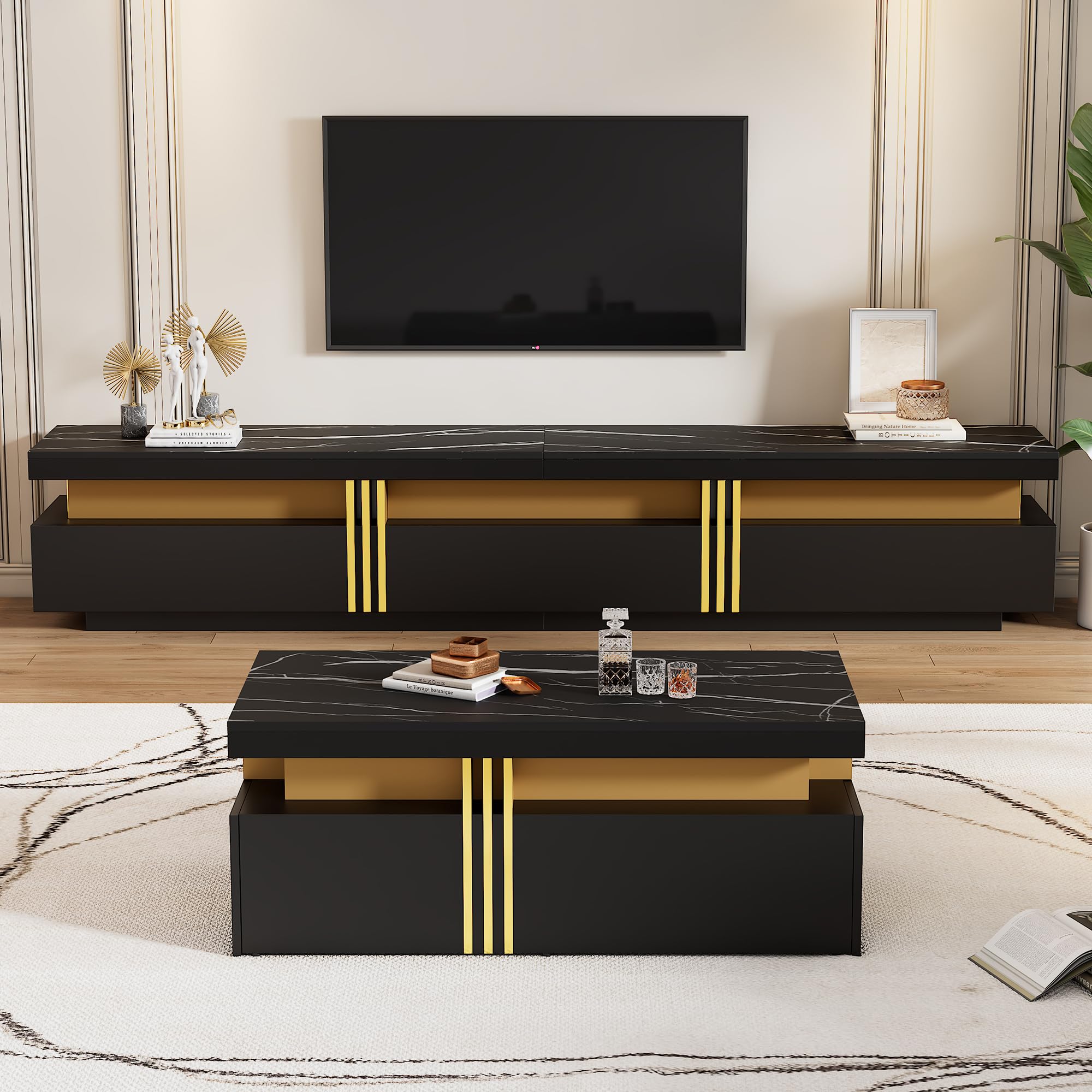 BTM Schwarze TV-Wandkombination, Wohnzimmer-Wandkombination, Couchtisch + TV-Schrank, multifunktionale Schrankkombination