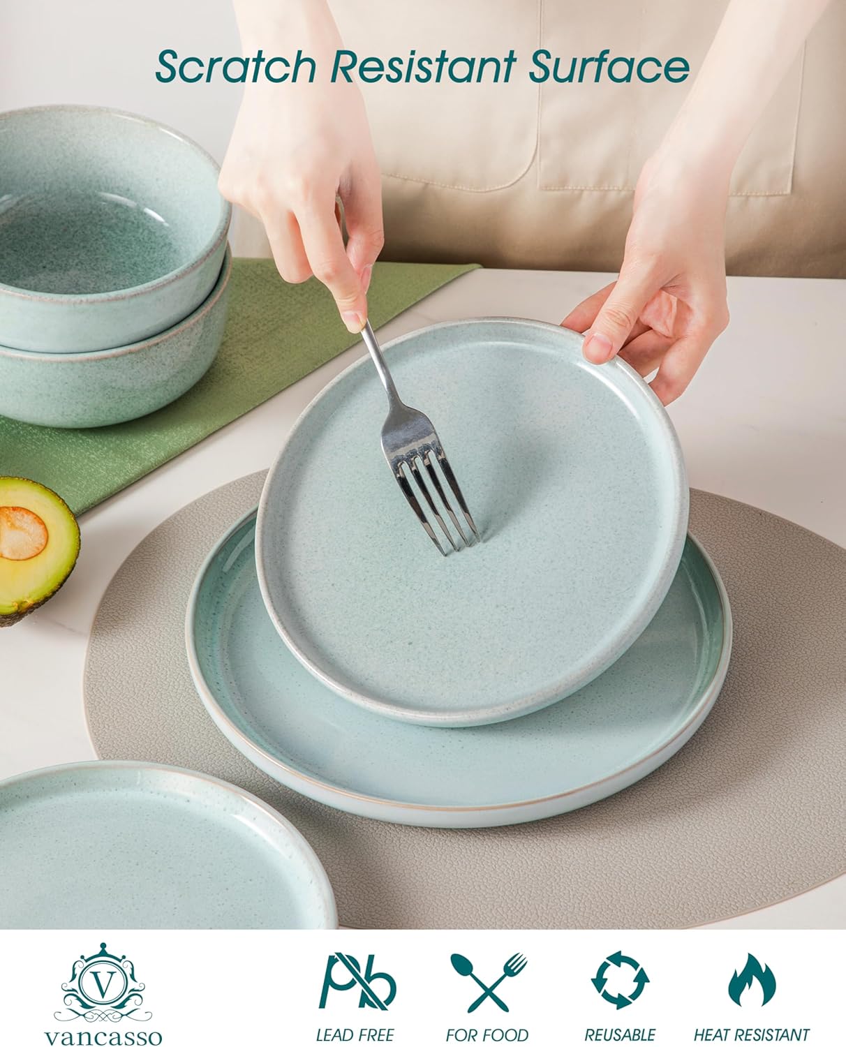 vancasso ANYA 18 Pieces Plates and Bowls Set, Mint Green Dinnerware Sets, Reactive Glaze Dishes Set for 6, Ceramic Dishware Sets Kitchen Dinner Set, Microwave & Dishwasher Safe - Image 4