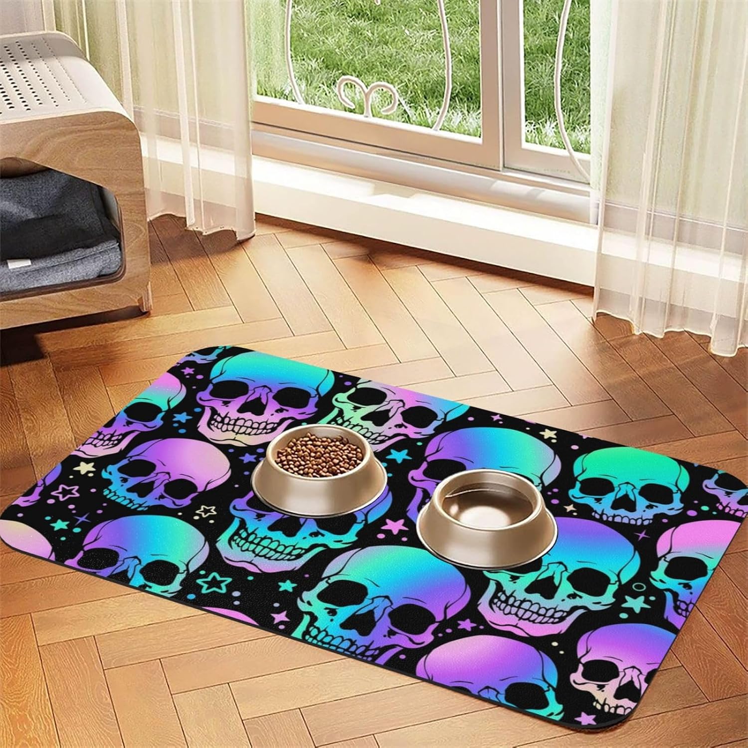 Holographic Bright Skulls Leather Absorbent Pet Feeding Mat Non-Slip for Dogs Cats 40x60cm