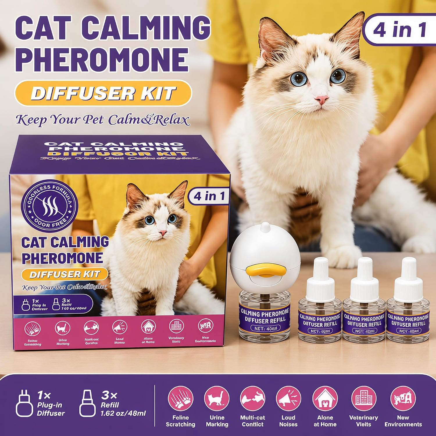 Cat Calming Pheromone Diffuser Kit (1 Plugin + 3 Refills) - 90 Day Supply Cat Anxiety Relief for Urine Marking, Scratching & Fighting - Professional Multicat Calm Diffuser for Home