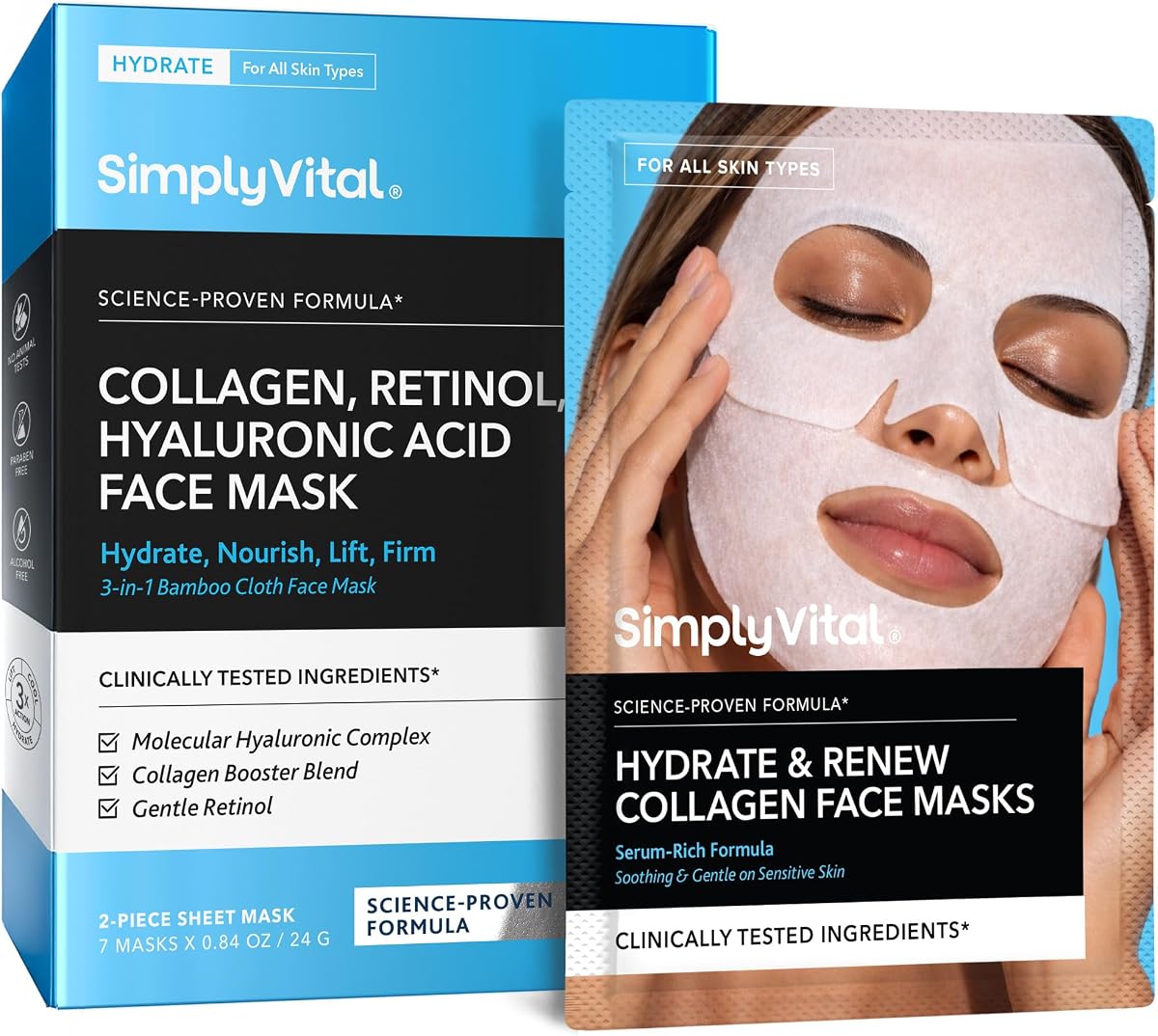 Collagen Facial Mask - Retinol Hyaluronic Acid Hydrating Sheet Mask 7 Pack | Hydrating Face Masks for Women Skin Care, Facial Masks, T Line & V Line, Cloth Sheet Feel, Daily Skincare Routine, Soft Feel