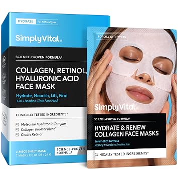 SimplyVital Collagen Facial Mask with Retinol & Hyaluronic Acid - Hydrating Face Masks Skincare - T Line & V Line Sheet Mask for Women Skin Care - Mascarillas Para la Cara - Cloth Face Masks - 7 Pack