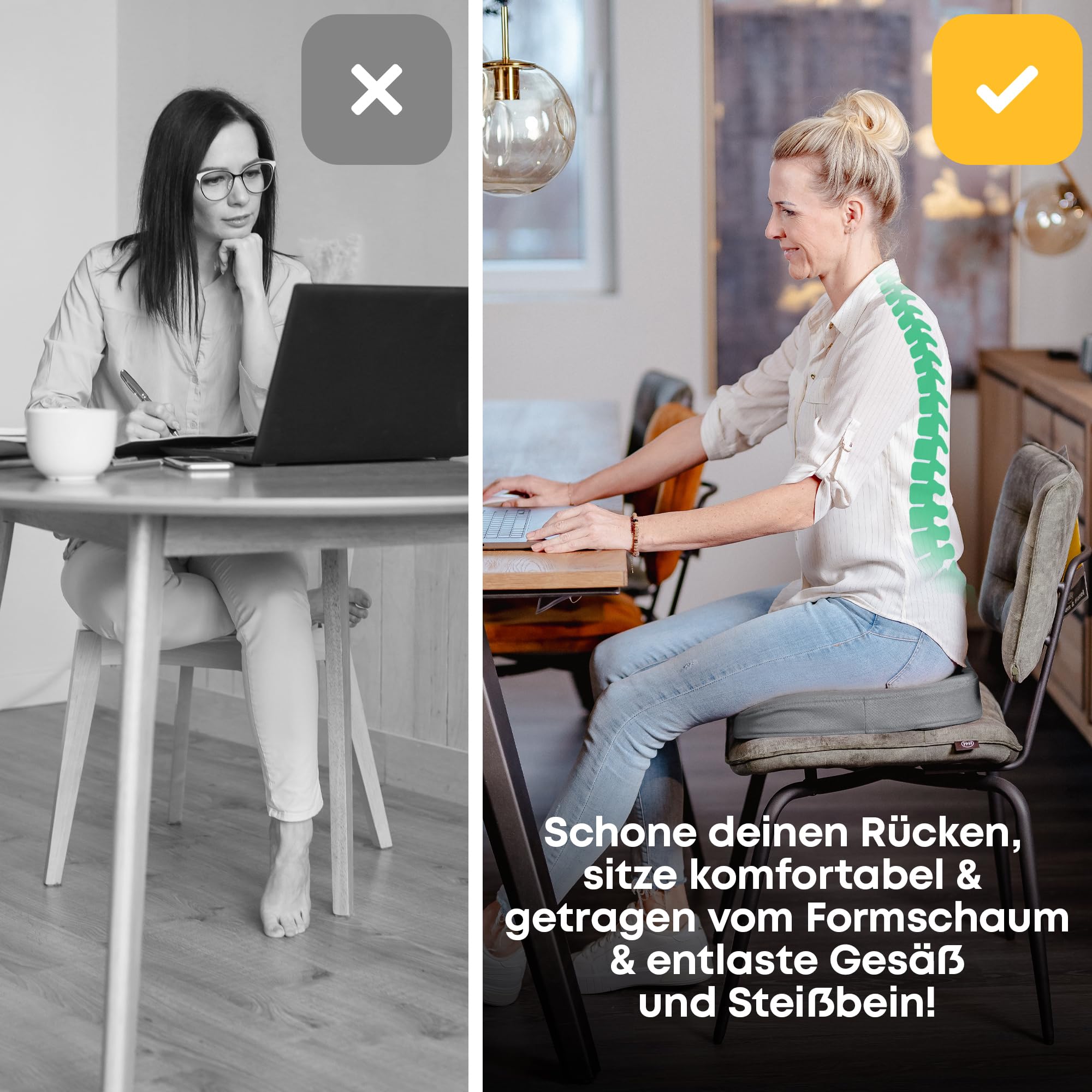 SANTERGO Orthopedisch zitkussen [GEPATENTEERD & VORMSTABIEL] - Zitkussen voor bureaustoel en auto - zitkussen stoel, stoelkussen bureaustoel, stuitbeen kussen (zwart, zacht 45-65 kg