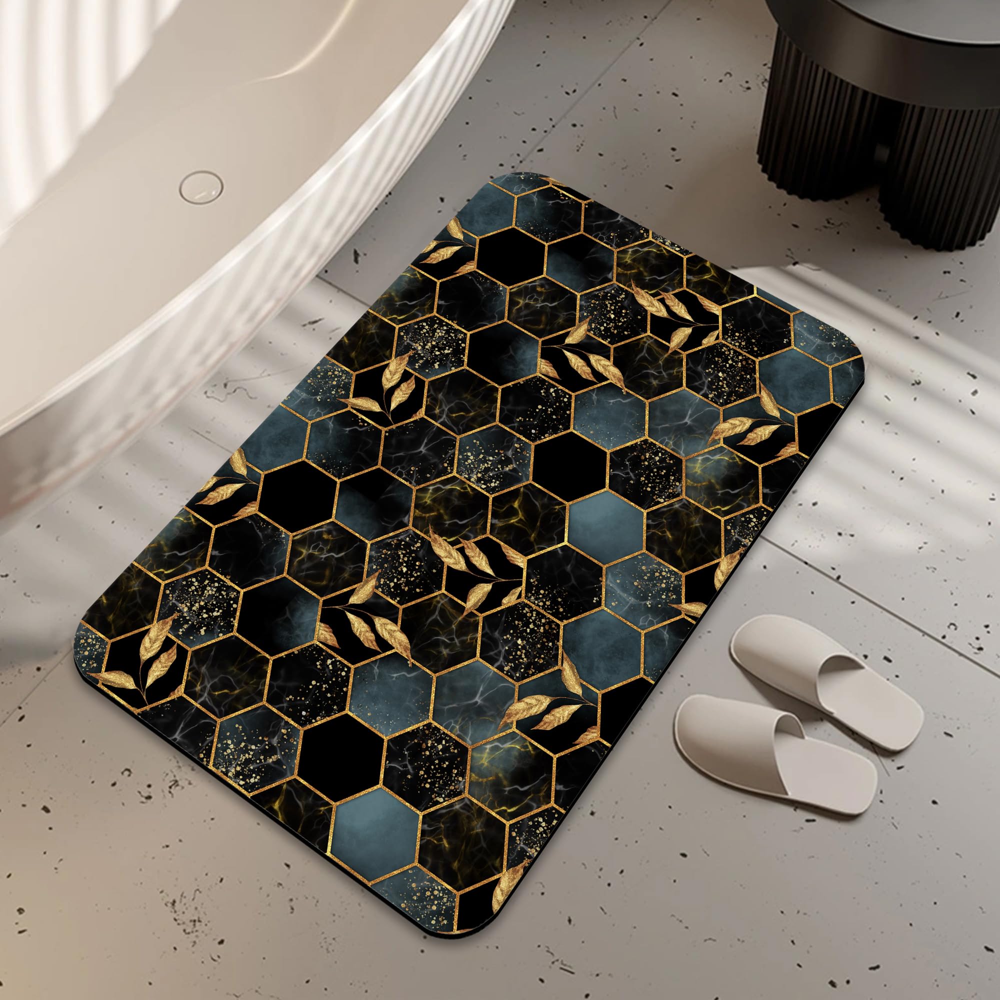 LUOENY Non-Slip Bath Mat 75x43 cm, Absorbent Quick Drying Thin Bathroom Mat for Bathtub Side Floor, Easy to Clean, Black and Blue Honeycomb Marble