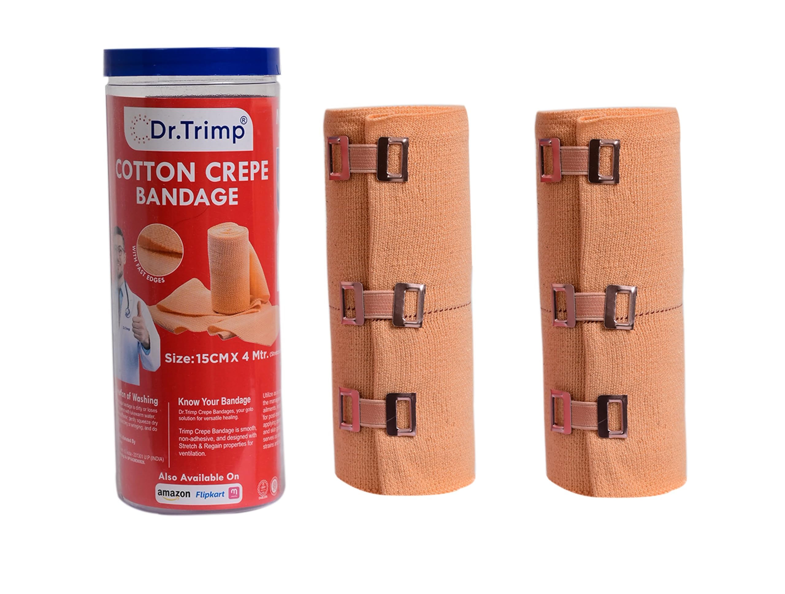 DR.TRIMP Cotton Crepe Bandage 15cmx4m with Flexible Clips for Pain Relief Tape for Injury & Muscle Compression (Pack of 2, 3x3 Clips)