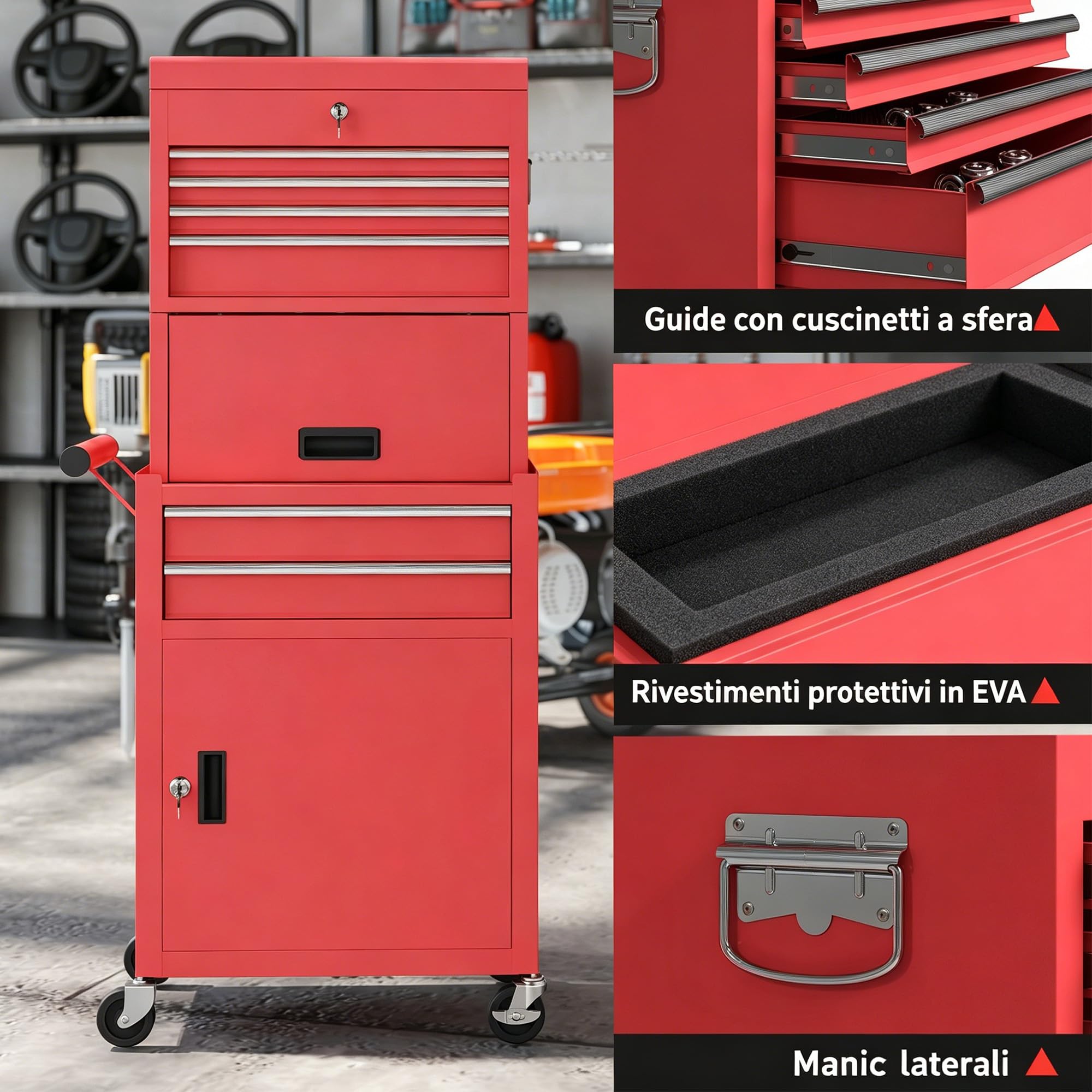 HOMCOM Carrello Porta Attrezzi in Acciaio con Serratura, 3 in 1 Carrello Portautensili da Officina con 6 Cassetti, 2 Armadi, Pannello Forato, Ruote, Maniglia, Capacità 100kg, Rosso