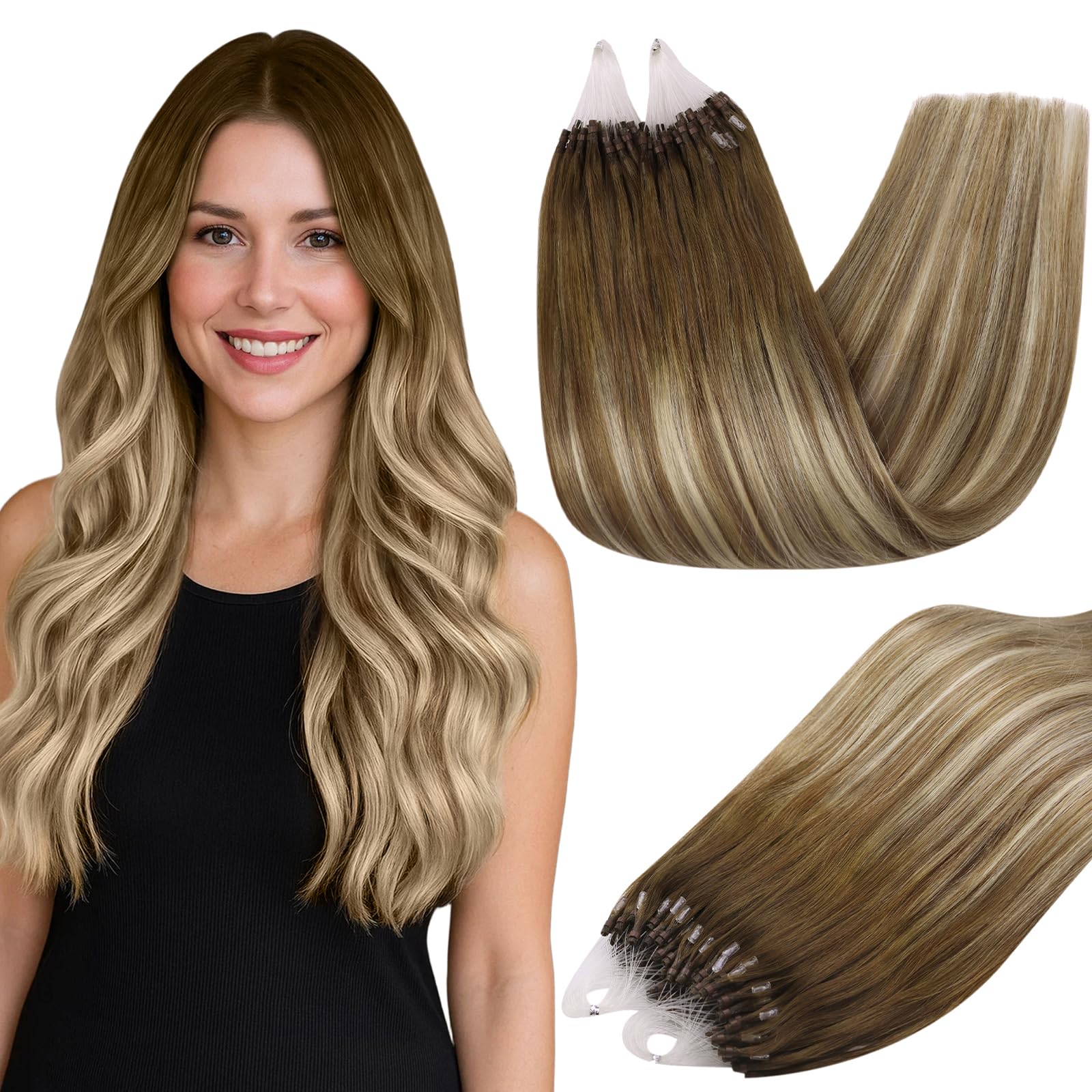 Full Shine Micro Loop Hair Extensions Real Human Hair 22 Inch 50G with 7G Micro Beads Color 3 Brown to 8 Ash Brown and 22 Blonde Cold Fusion Extension