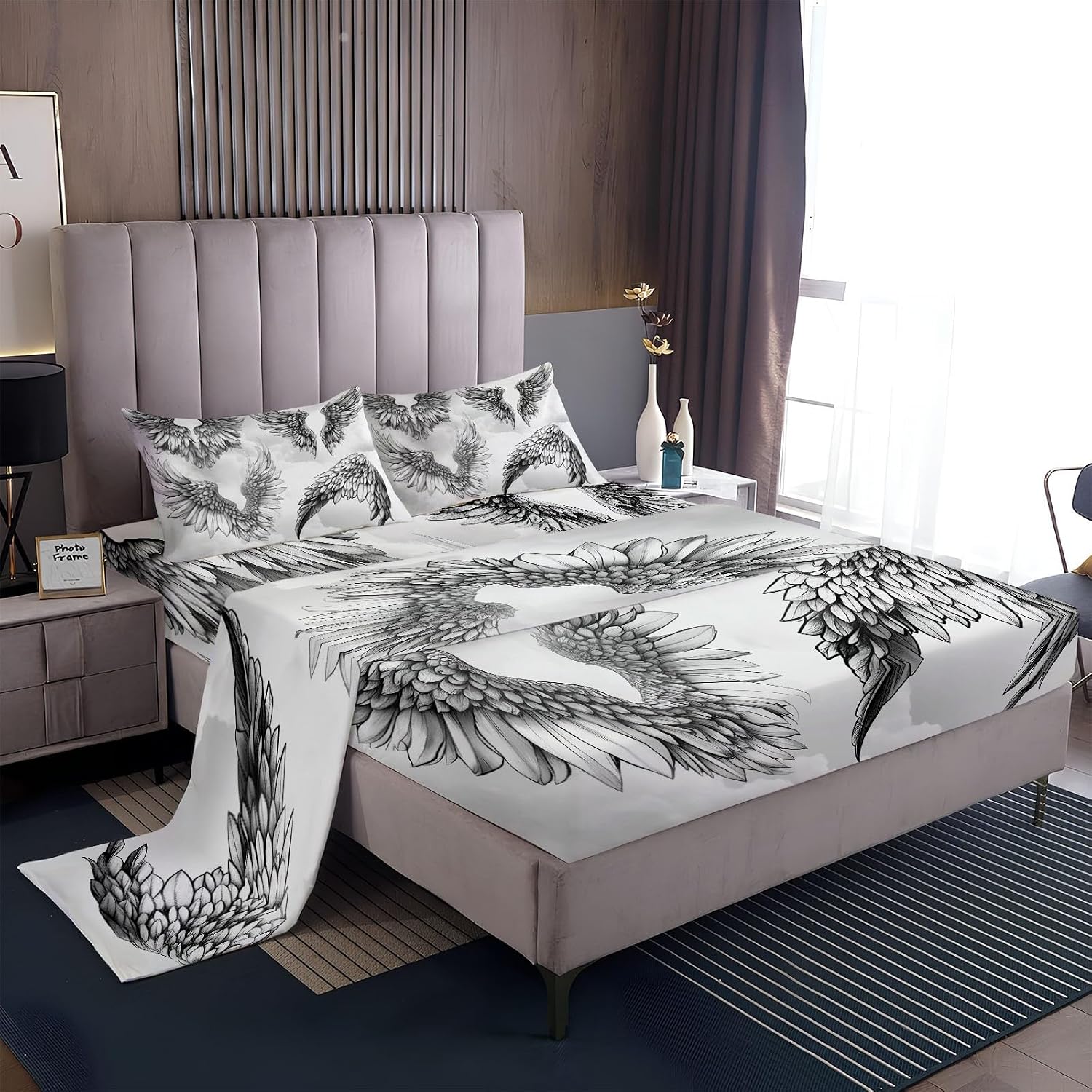 Fitted Sheet 3 Pieces Twin XL Size White Gray, Deep Pocket for 8" to 16" Thick Mattress, Soft Microfiber Wrinkle Free Fade Resistant, with 1 Flat Sheet 1 PillowcaseFantasy Wings Clouds