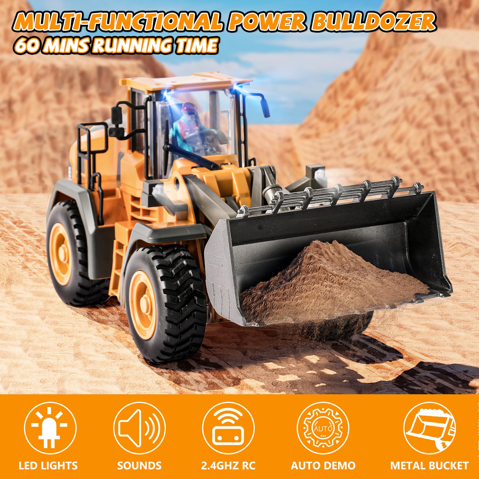 Ferngesteuerter Bagger Spielzeug Radlader Bulldozer mit Licht&Sound für Jungen 3-12 Jahre, 2,4GHz RC Bagger Bulldozer mit Metallschaufel, Baustellenfahrzeuge Kinder Geschenk für Geburtstag/Weihnachten