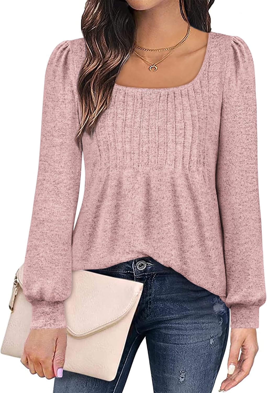 Zwurew Women's Puff Long Sleeve Shirts 2024 Trendy Scoop Neck Loose Fit Blouses Pleated Flowy Tunic Tops S-2XL - Image 2