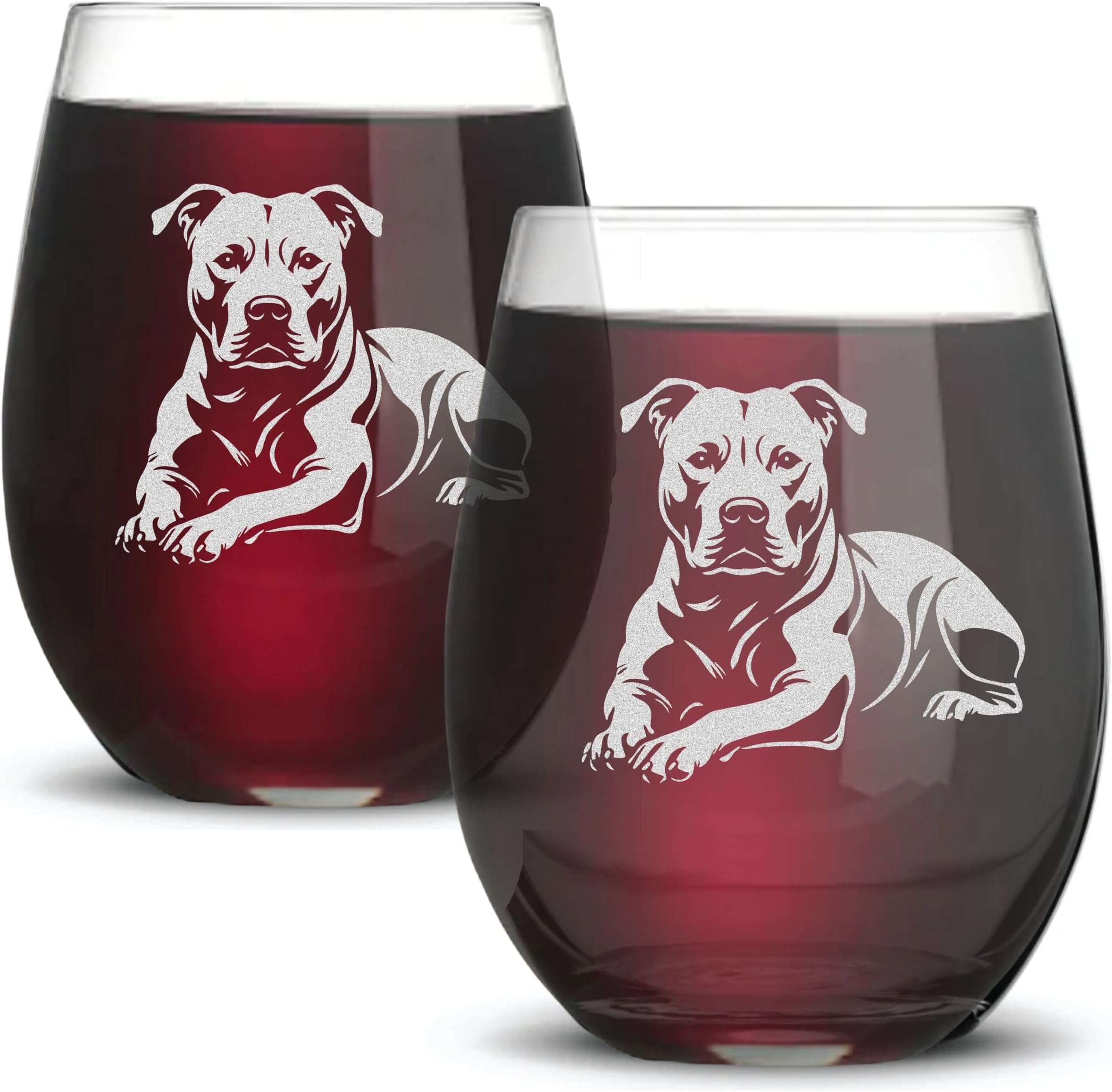 Pitbull Wine Glass – 18oz Stemless Laser Engraved Wine Glass with Hand Drawn Pitbull Illustration – Dog Lover Gift, Pit Bull Mom or Dad Gift, Unique Wine Glass for Pet Owners (Set of 2)