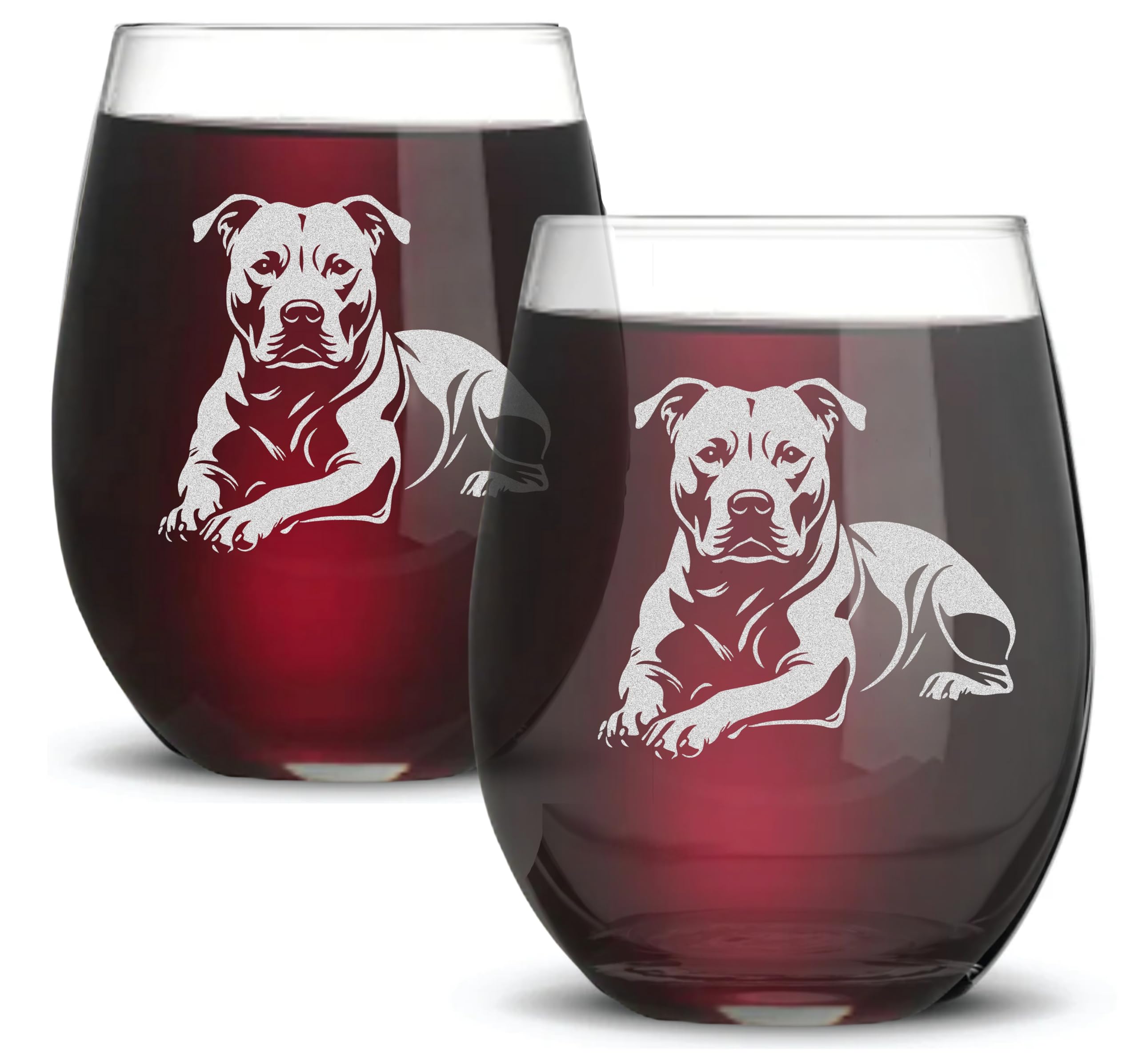 Pitbull Wine Glass – 18oz Stemless Laser Engraved Wine Glass with Hand Drawn Pitbull Illustration – Dog Lover Gift, Pit Bull Mom or Dad Gift, Unique Wine Glass for Pet Owners (Set of 2)