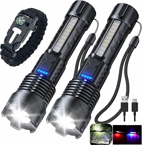 Pack 2 Linternas LED Alta Potencia Recargables USB – Linterna Táctica con 7 Modos, Luz Lateral COB, Enfoque Ajustable, Impermeable IPX6 + Pulsera Paracord – Para Emergencias, Camping, Coche, Caza