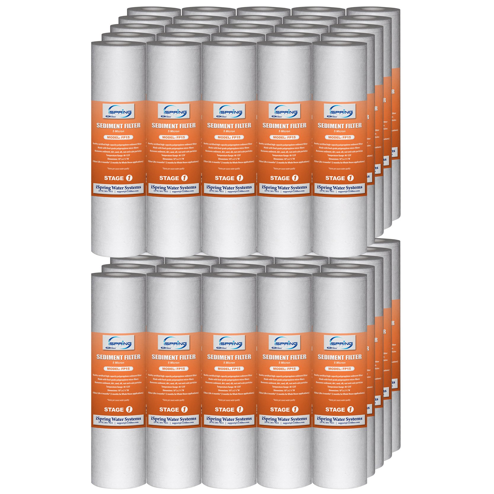 iSpring FP15X50 NSF Certified 10"x2.5" Universal Sediment Water Filter Replacement Cartridges, 5 Micron Multi-layer Sediment Filter, 50 Pack