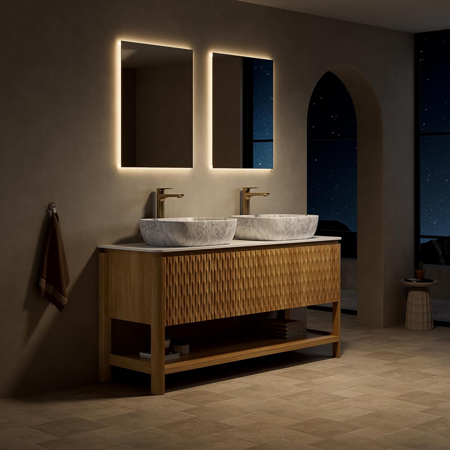 Ambrovina 60" Bathroom Vanity with Double Sink, Freestanding Plywood Storage Cabinet with 4 Doors and Open Shelf, Marble Pattern Ceramic Vessel Basin, Carrara White Sintered Stone Top, Woodgrain Color