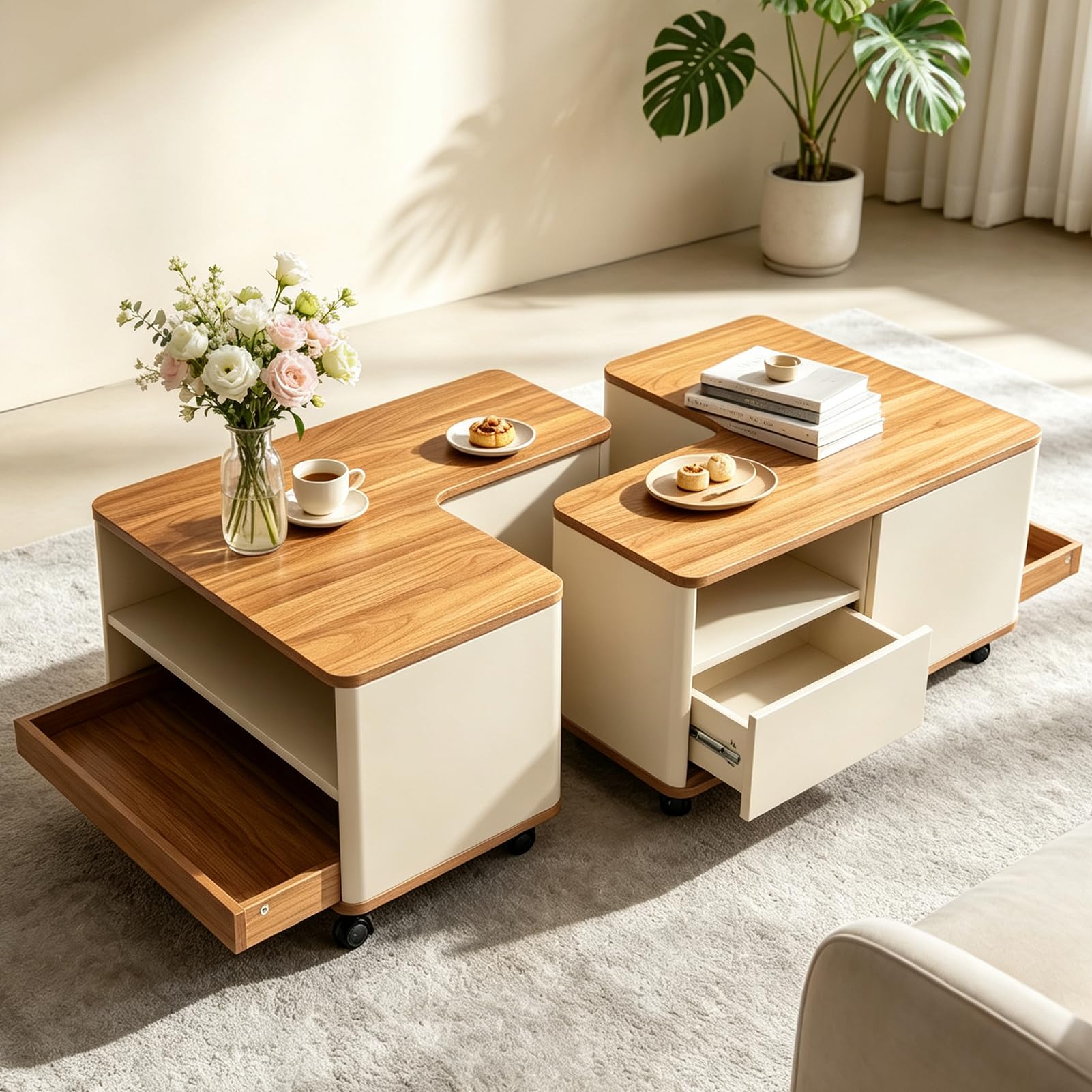 Couchtisch Quadratischer mit Stauraum, Wohnzimmertisch Holz mit Rollen, Coffee Table Modulares Design für Wohnzimmer Büro Schlafzimmer