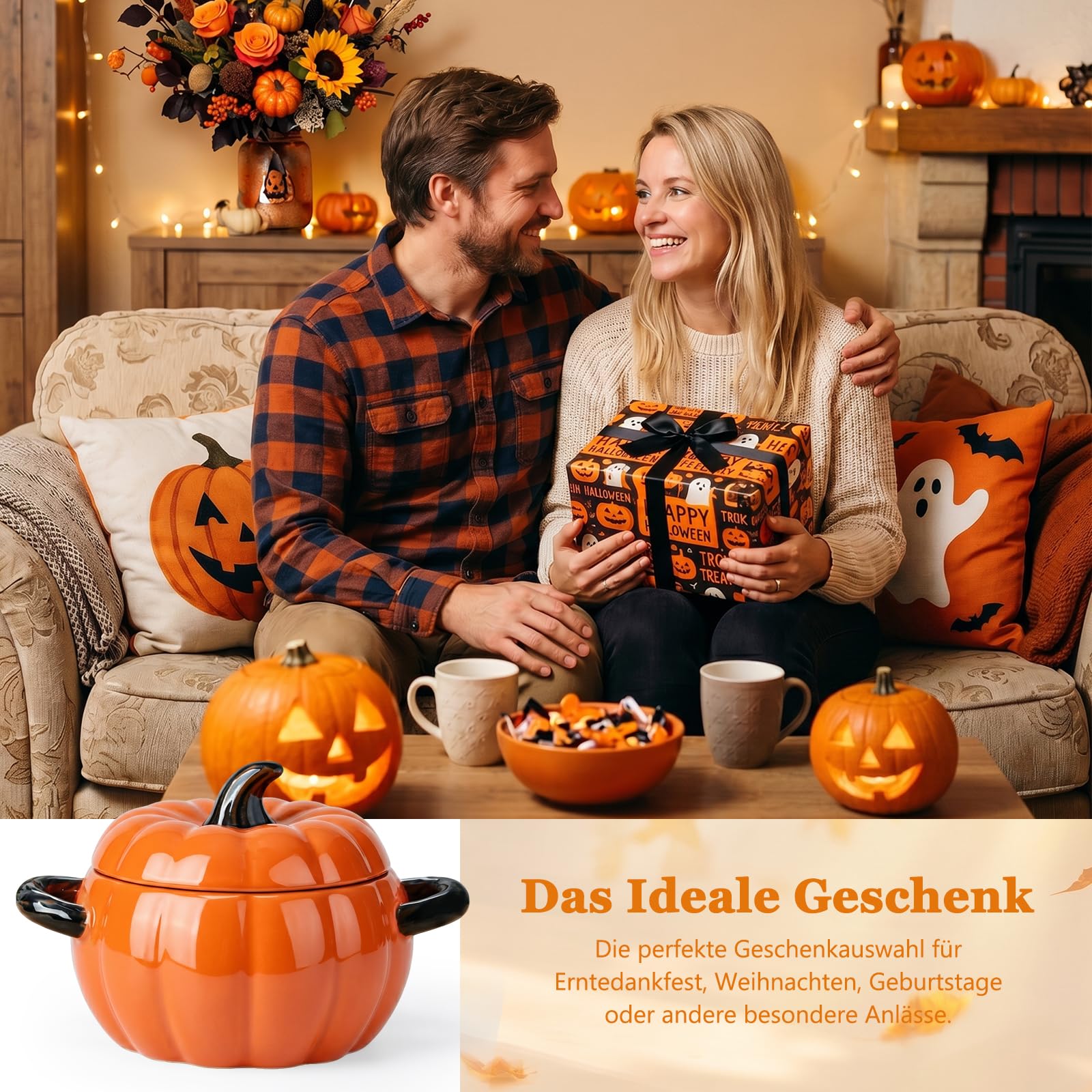 Justup Cuenco de sopa con asa, olla de cerámica de 1,9 l de calabaza, cerámica para servir cuencos para hornear, recipiente con tapa, decoración de Halloween, utensilios de cocina para el hogar