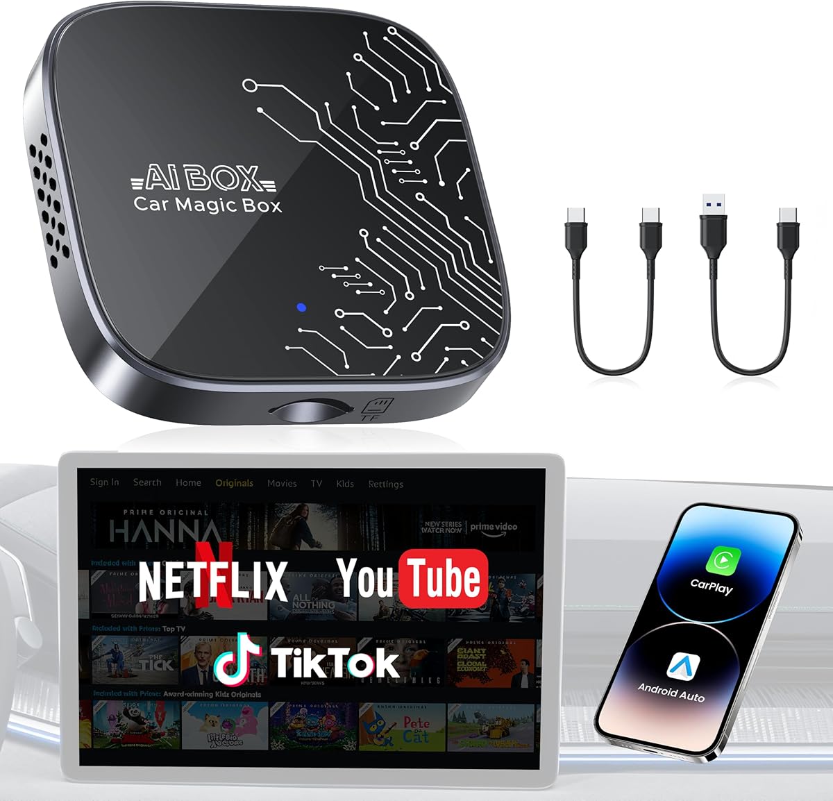 4-in-1 Wireless CarPlay Adapter for Streaming Netflix/YouTube/TikTok/TF Card, 2026 Magic Video AI Box & Android Auto Dongle [Dual Band WiFi, Bluetooth 5.3] Plug & Play, Fits for OEM Wired Car Play Car