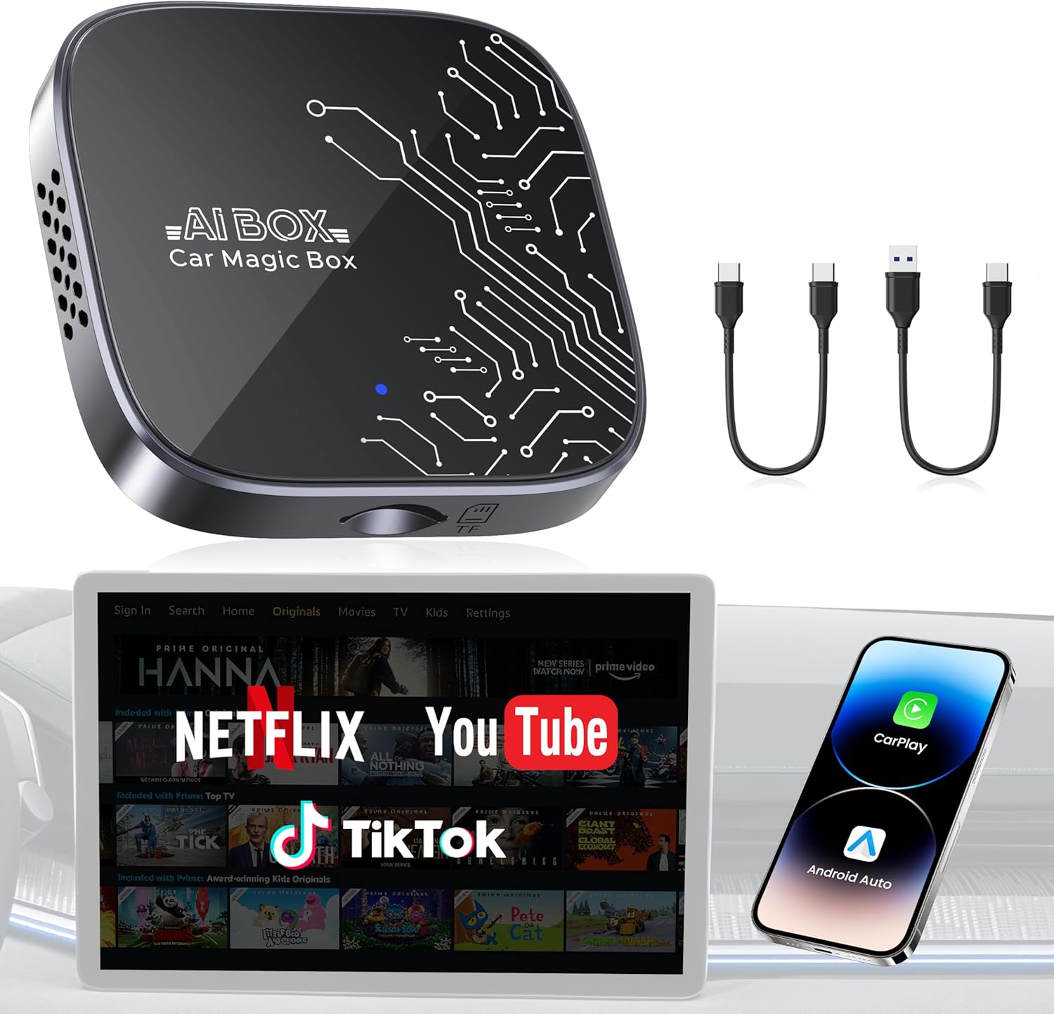 4-in-1 Wireless CarPlay Adapter for Streaming Netflix/YouTube/TikTok/TF Card, 2026 Magic Video AI Box & Android Auto Dongle [Dual Band WiFi, Autolink Pro] Plug & Play, Fits for OEM Wired Car Play Car