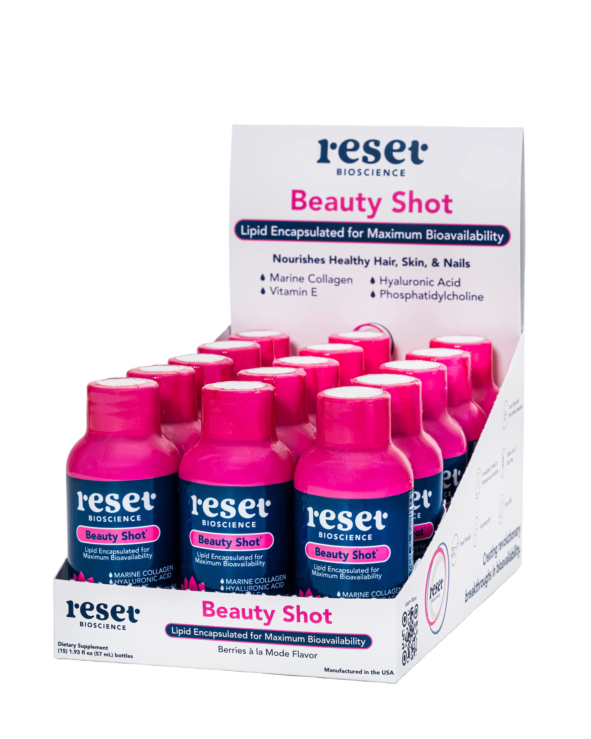 RESET Bioscience Beauty Wellness Shot - Liquid Marine Collagen, Hyaluronic Acid, Vitamin E - Collagen Boosting Supplements for Women - No Sugar, Non-GMO, GF (Berries a la Mode, 15 Pk)