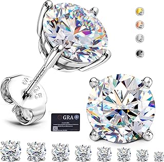 GEMQUEEN Moissanite Stud Earrings : 18K White Gold Plated Solid 925 Sterling Silver Earring Hypoallergenic Dainty Flat Back Stud Earrings Jewelry for Women Men D Color VVS1 Clarity ClimeCo Certified