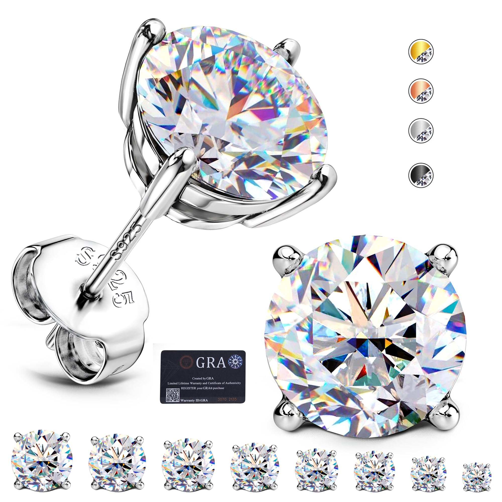 Moissanite Stud Earrings : 18K White Gold Plated Solid 925 Sterling Silver Earring Hypoallergenic Dainty Flat Back Stud Earrings Jewelry for Women Men D Color VVS1 Clarity