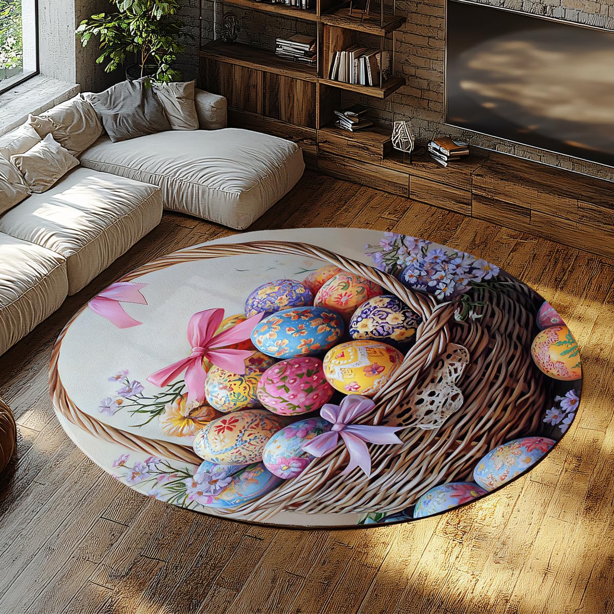 Cesta Huevos Pascua Alfombras Redondas 180cm Decoración Colorida Huevos Lazos y Estampado Floral Alfombra Pelo bajo Antideslizante Lavable Decoración primaveral