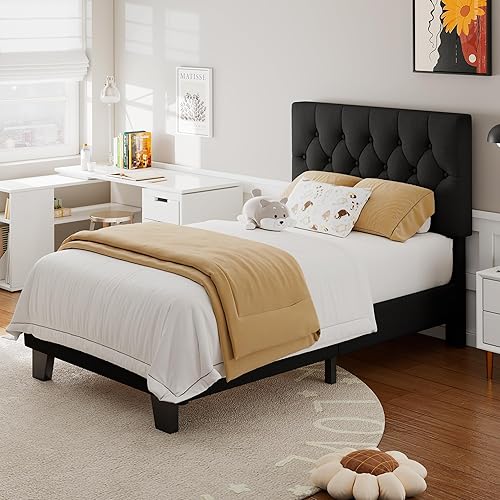Miniatura 7 de Feonase Marco de cama de plataforma twin con cabecera capitoné con botones, cama tapizada de lino con soporte de listones de madera, no necesita
