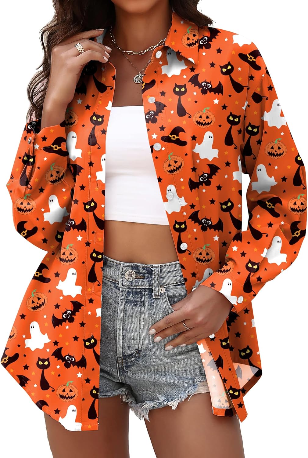 Halloween Shirts for Women: Pumpkin Skeleton T-Shirts Graphic Halloween Fall Long Sleeve Hawaiian Button Down Blouse