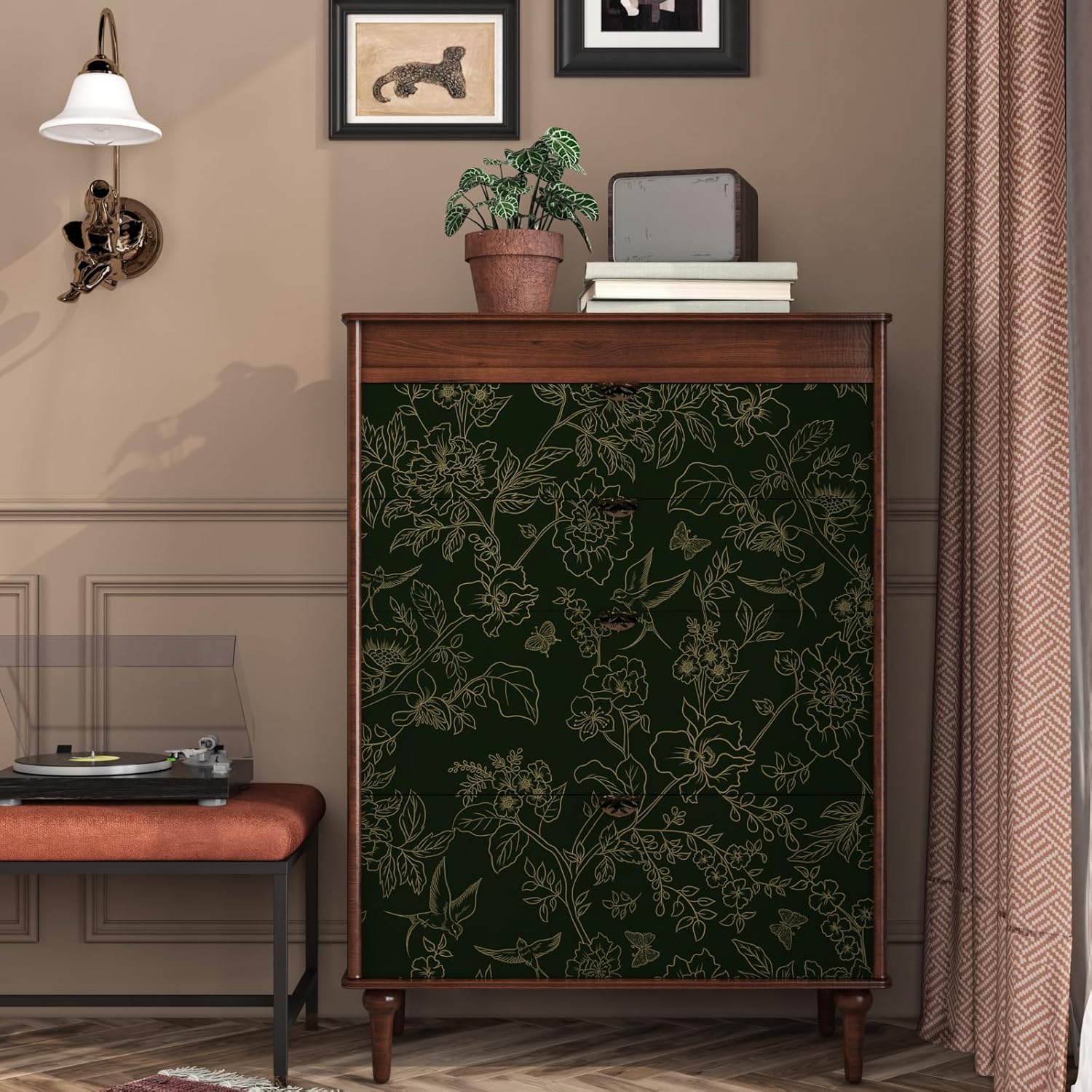 Green Floral Peel and Stick Wallpaper Boho Vintage Gold Leaf Wall Paper 17.5” x 393” Removable Waterproof Self Adhesive Modern Contact Paper for Bathroom Kitchen Cabinet Drawer