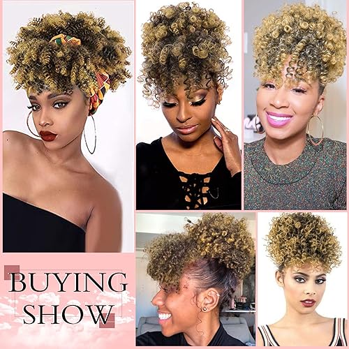 Miniatura 5 de ENTRANCED STYLES Cola de caballo con cordón y flequillo, extensiones de cola de caballo afro para mujer, cola de caballo corta y rizada con