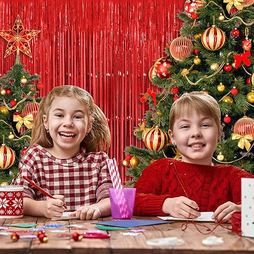 Miniatura 6 de Paquete de 10 cortinas de fondo rojo de 3.2 x 8.2 pies de papel de oropel metálico, cortinas de flecos de papel de aluminio de oropel para