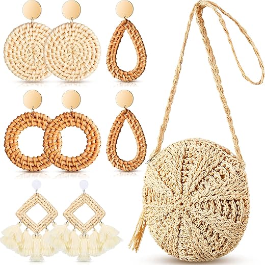 Straw Purses Bags for Women Straw Crossbody Bags Woven Clutch Shoulder Handbag Bag with 4 Pairs Earrings Rattan Boho Earrings for Women Girl (Round Tassel Style)