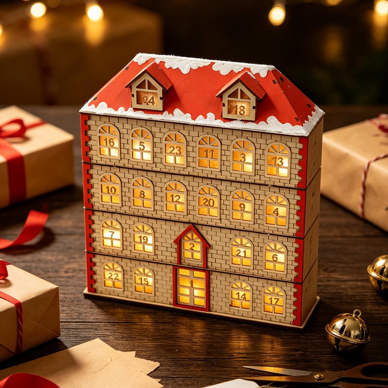 Calendrier de l'Avent en bois Décor de maison LED avec 24 tiroirs