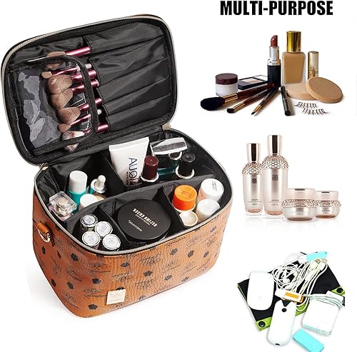 Miniatura 3 de LACATTURA Bolsa de maquillaje de viaje para mujer, bolsa de cosméticos de cuero, Marrón-M, Classic