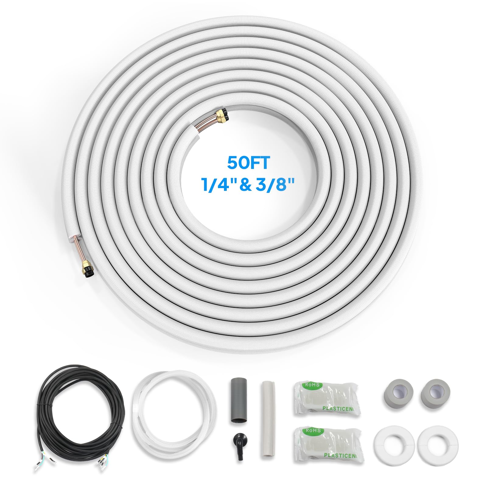 ROVSUN 50 Ft Mini Split Line Set, 1/4" & 3/8" O.D. Flared Copper Tubing Pipes and 3/8" Thickened PE Insulated Coil with Nuts & Kit for Mini Split Air Conditioner & Heat Pump System