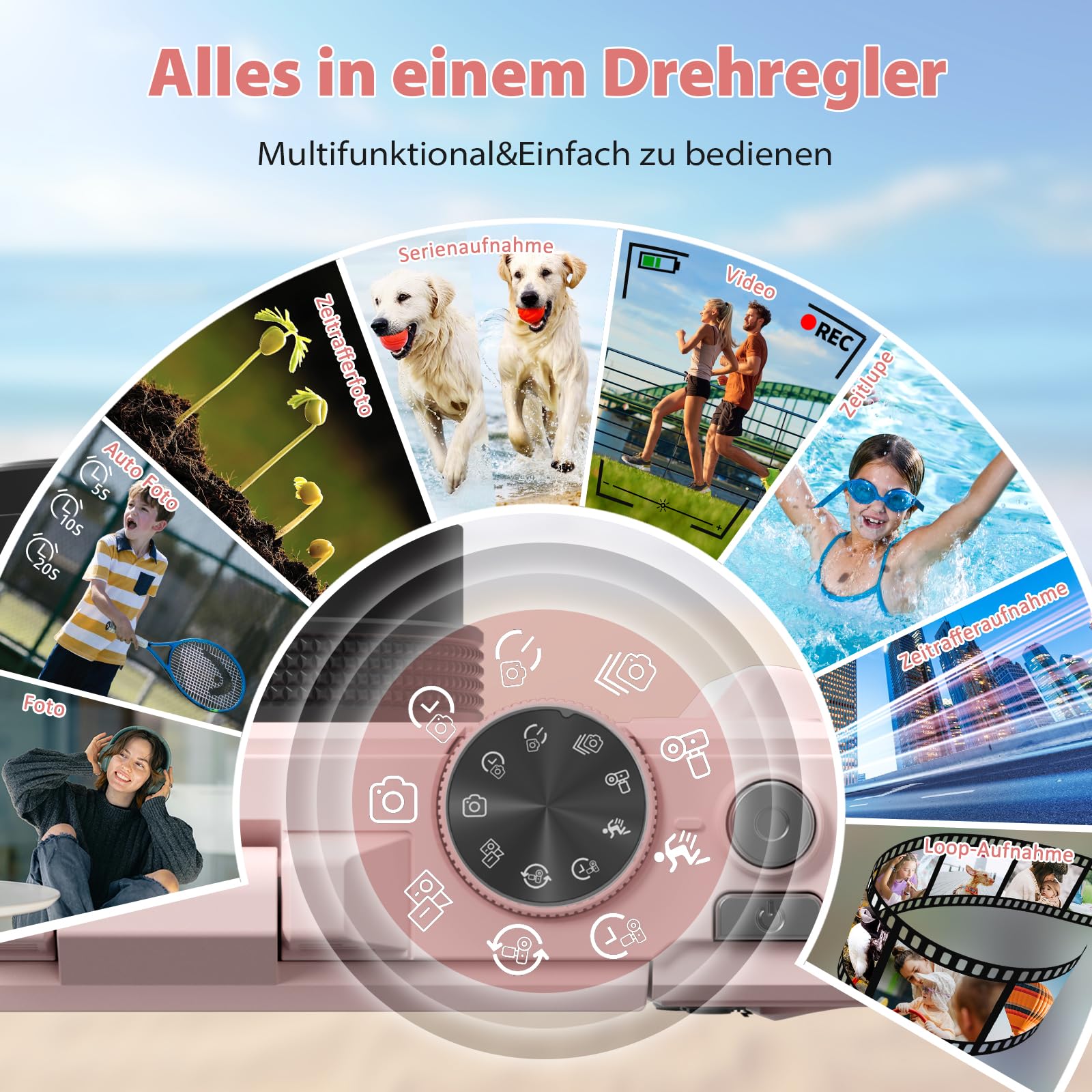 4K Digitalkamera 64MP Kompaktkamera Fotokamera mit Flip Screen Autofokus Vlogging Fotoapparat für einsteiger, 16X Digitalzoom, mit 32GB Karte, 2 Batterien,pink