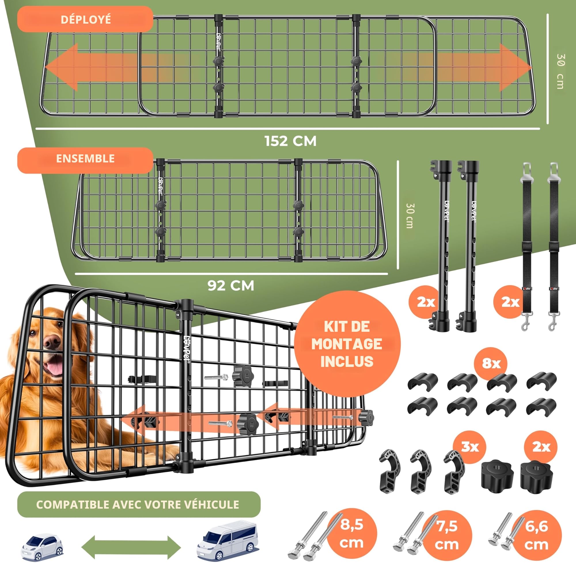 LovPet Grille de séparation Universelle pour Chien - Largeur réglable 30 x 91-153 cm - pour Coffre de Voiture - Noir