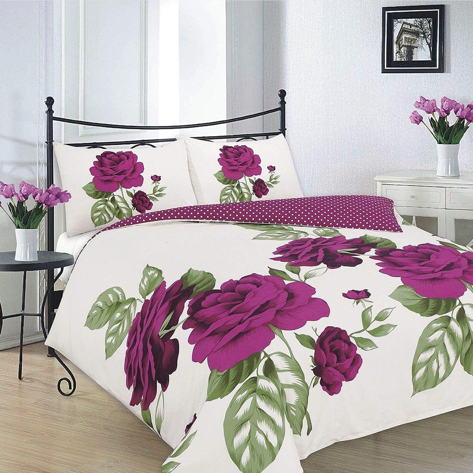 EGYPTOLuxury Printed Flower Design Double Duvet Cover Set with Matching Pillowcases Bedding, Floral Duvet Cover Set (Isabella Plum, Double)