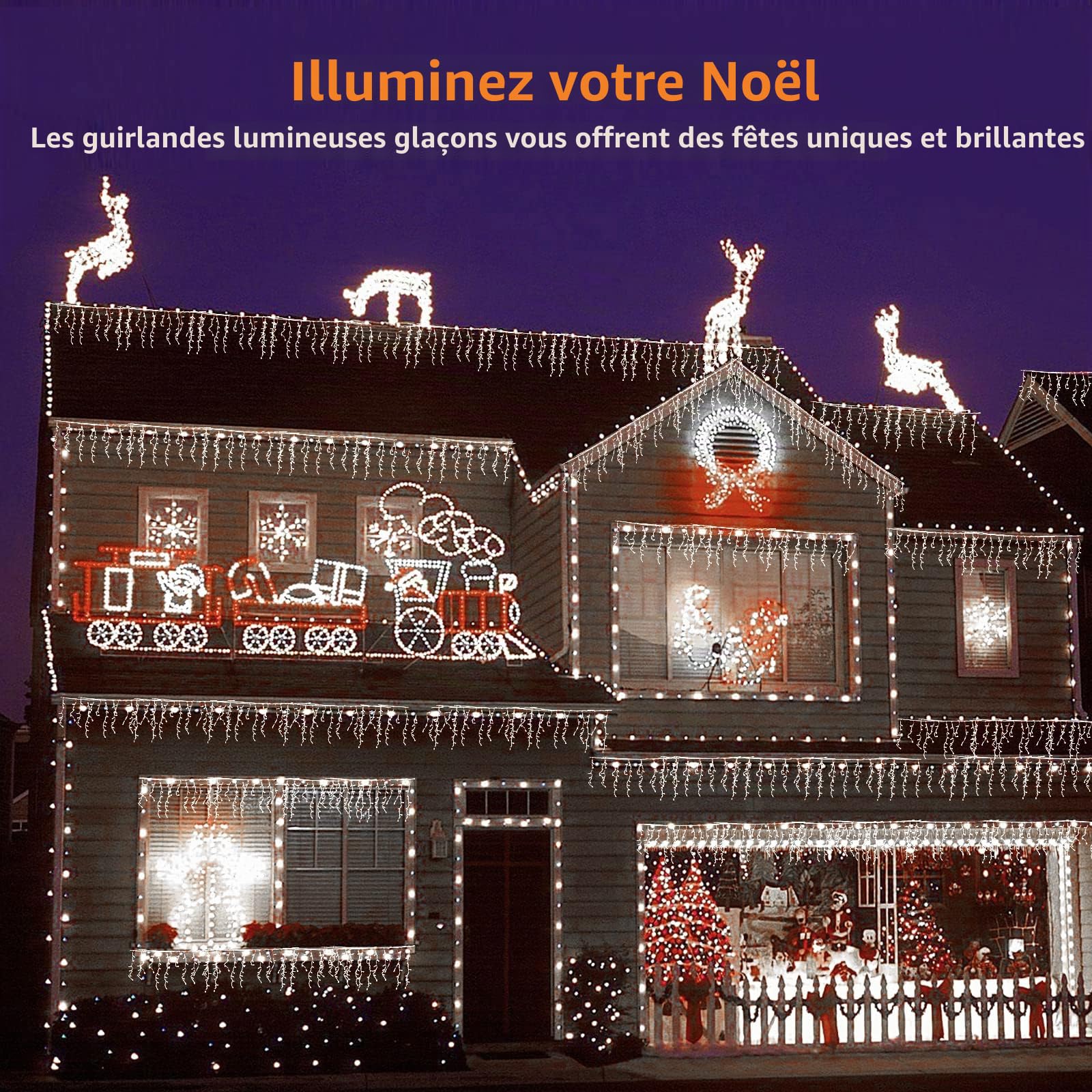 20M Icicle Lights Rideau de Noël extérieur Guirlandes lumineuses alimentées par le secteur Lumières de glace extérieures avec 108 gouttes pour décorations de Noël Gazebo d'intérieur, Blanc