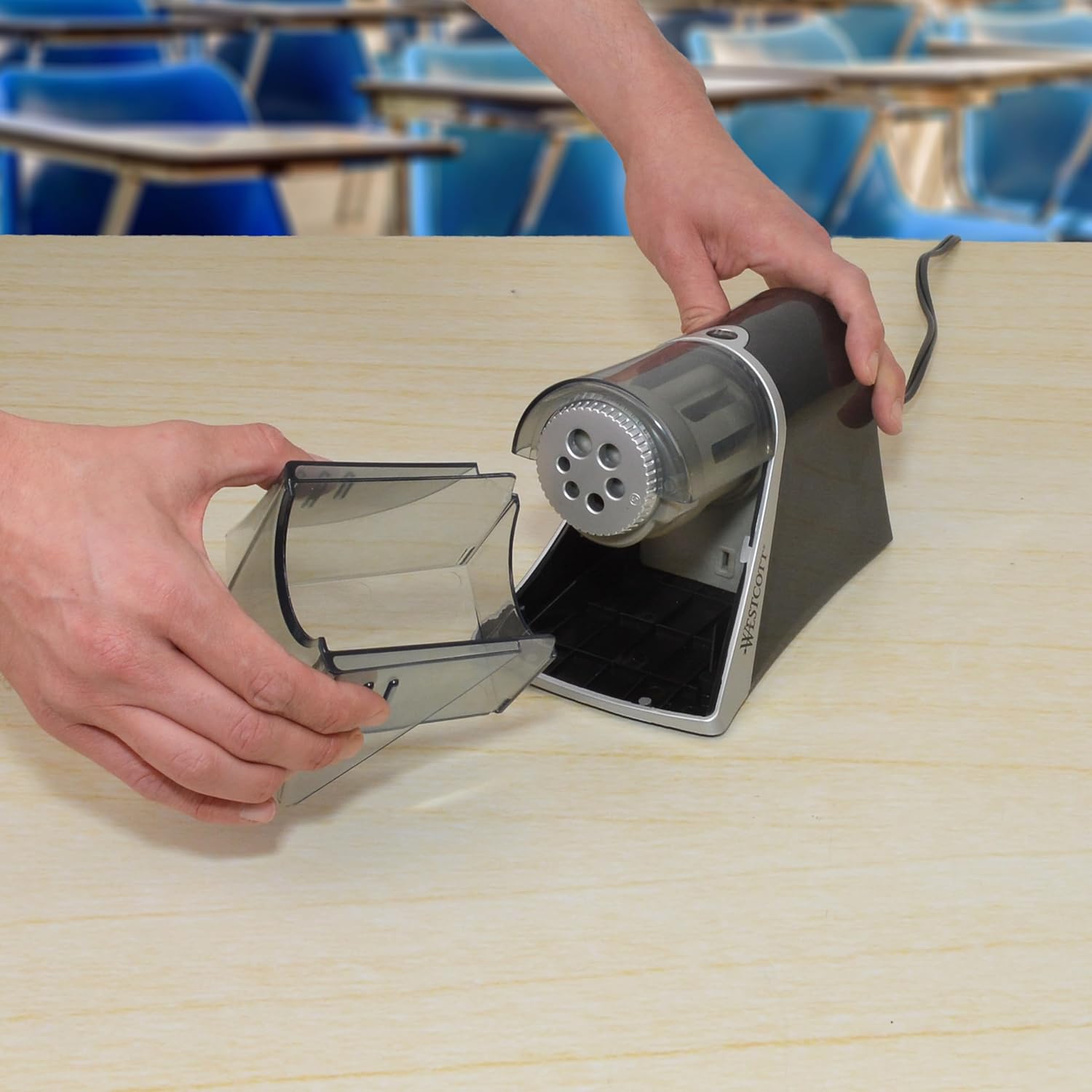 Westcott iPoint Evolution Axis Heavy Duty Electric Pencil Sharpener for Classroom, Black and Silver